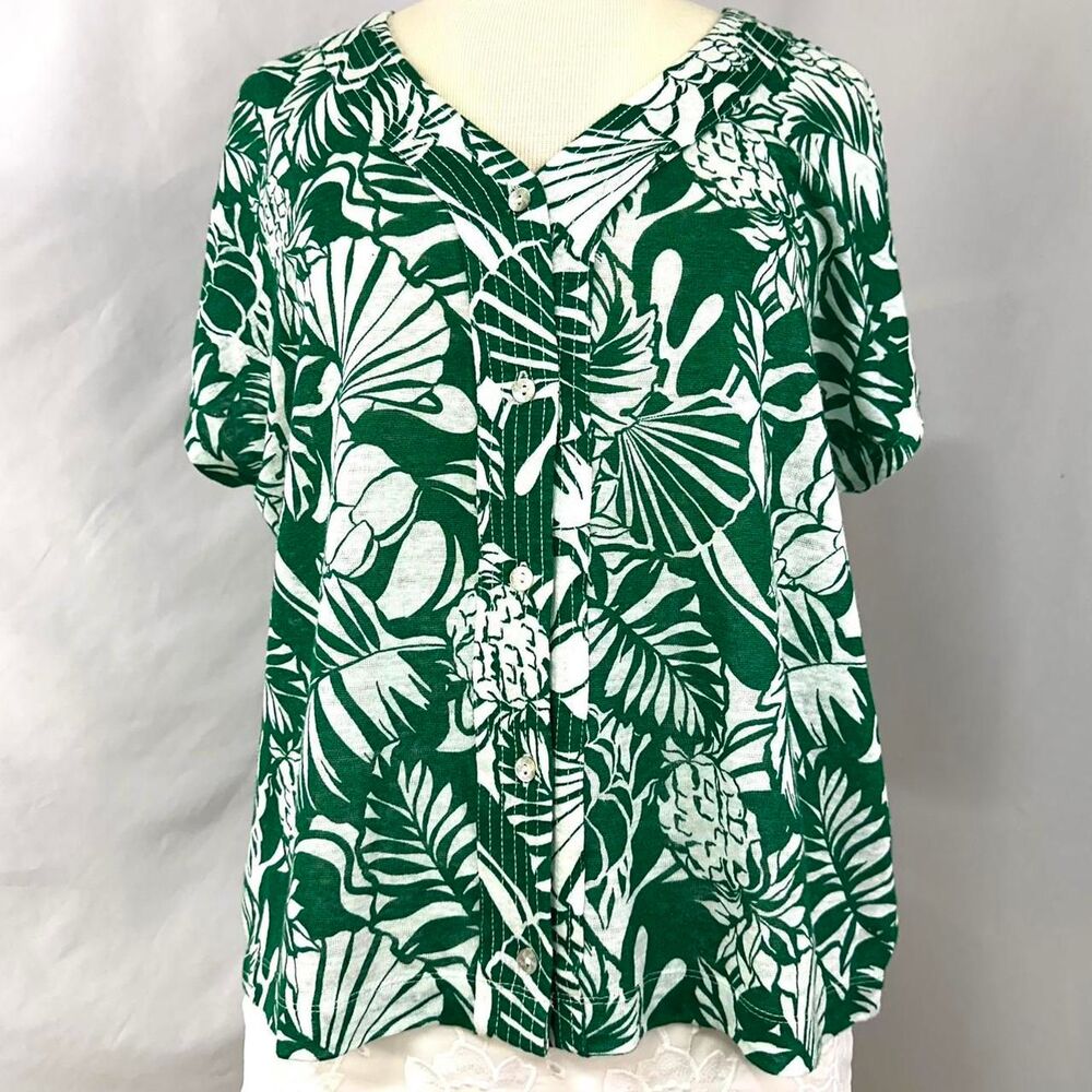 JOIE 100% Linen White Green Tropical Leaf Print Short Sleeve Blouse Womens M‎